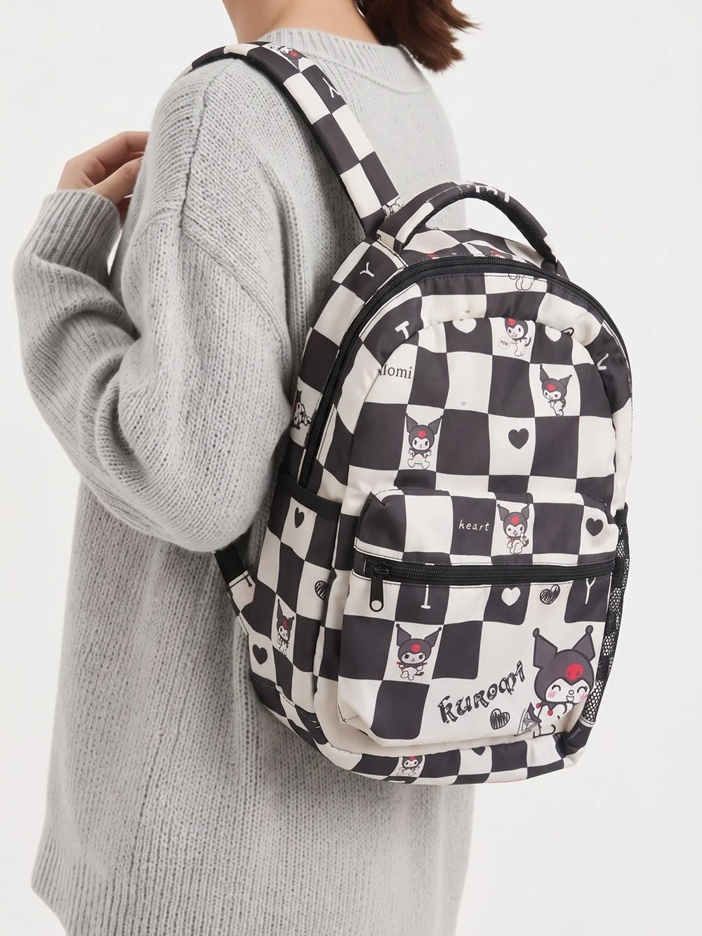 Kuromi Checkered Backpack in Black & White